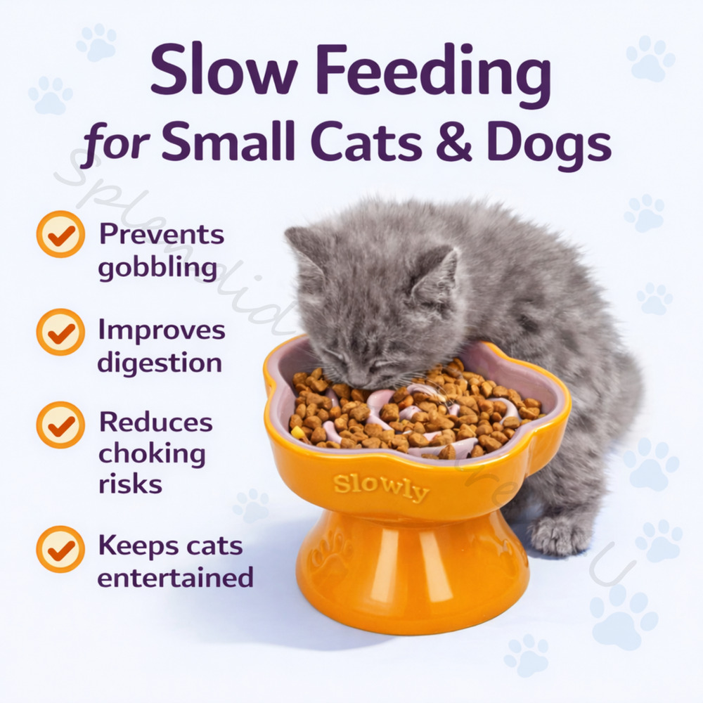 Raised Slow Feeder Dog Cat Food Bowl for Small Pets Purple Tilted Ceramic Dish - Picture 5 of 6
